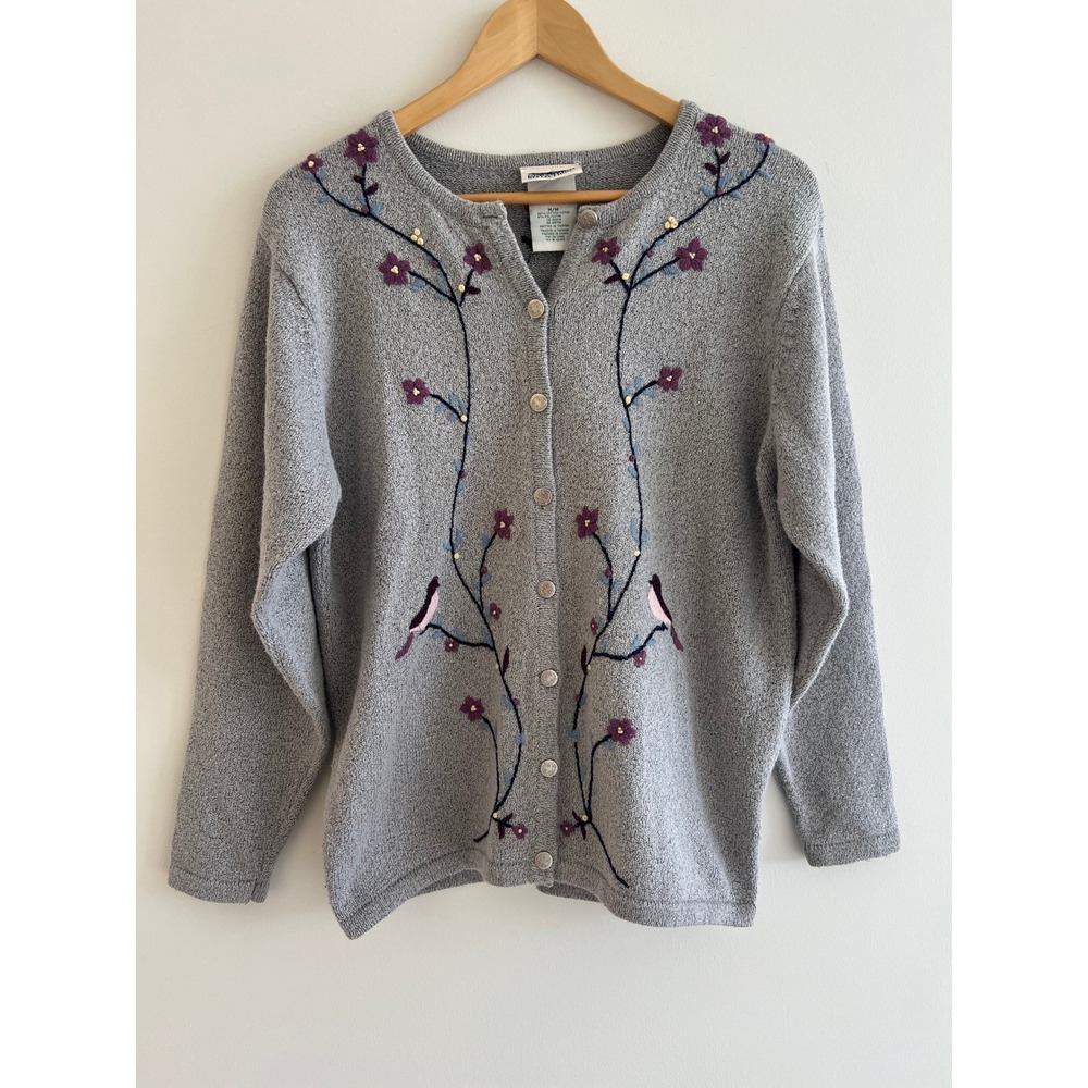 Northern Reflections Gray Floral Bird Embroidered Cardigan Cottagecore Whimsical